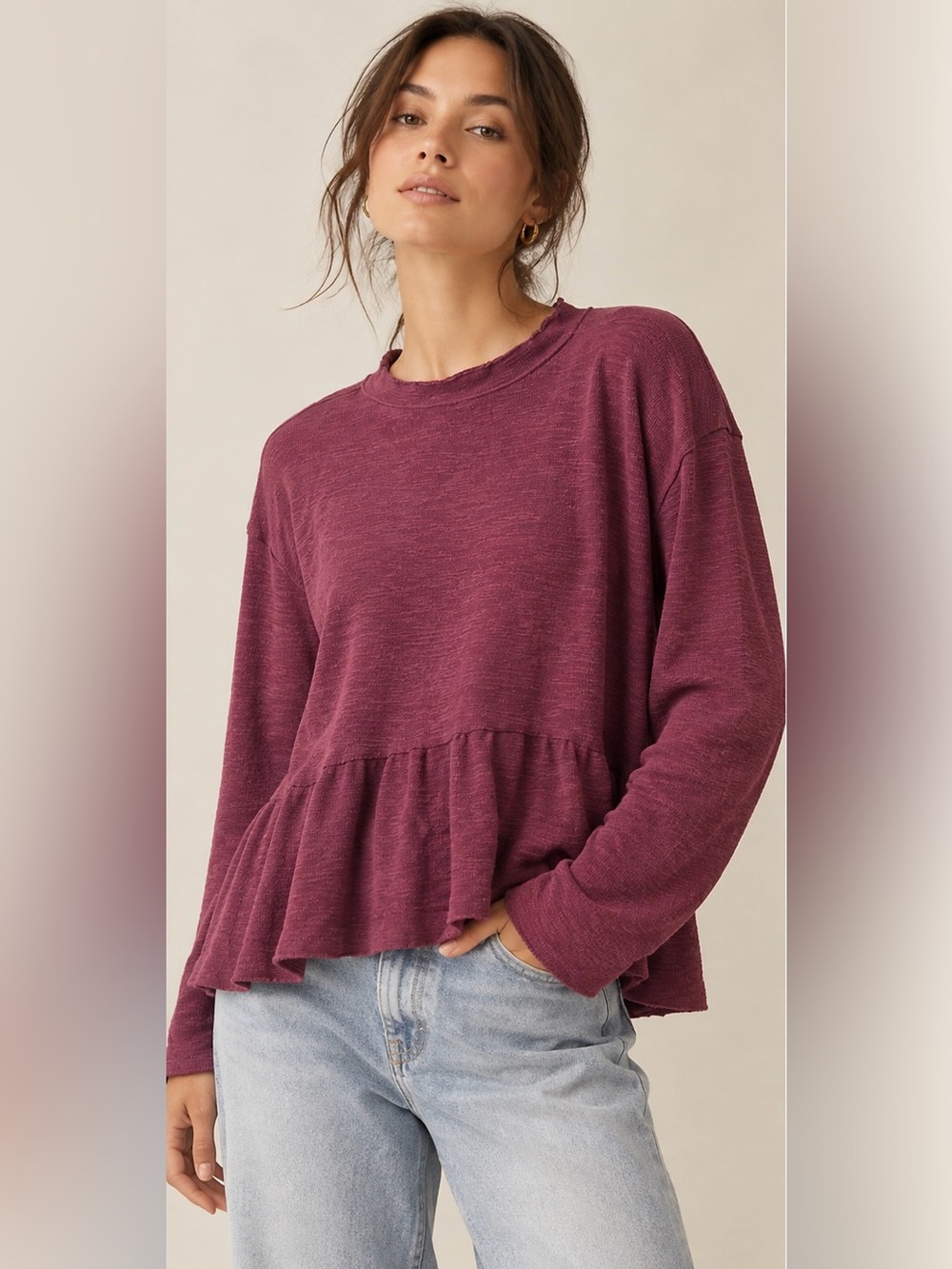 Anthropologie Plum Peplum Long-Sleeve Top